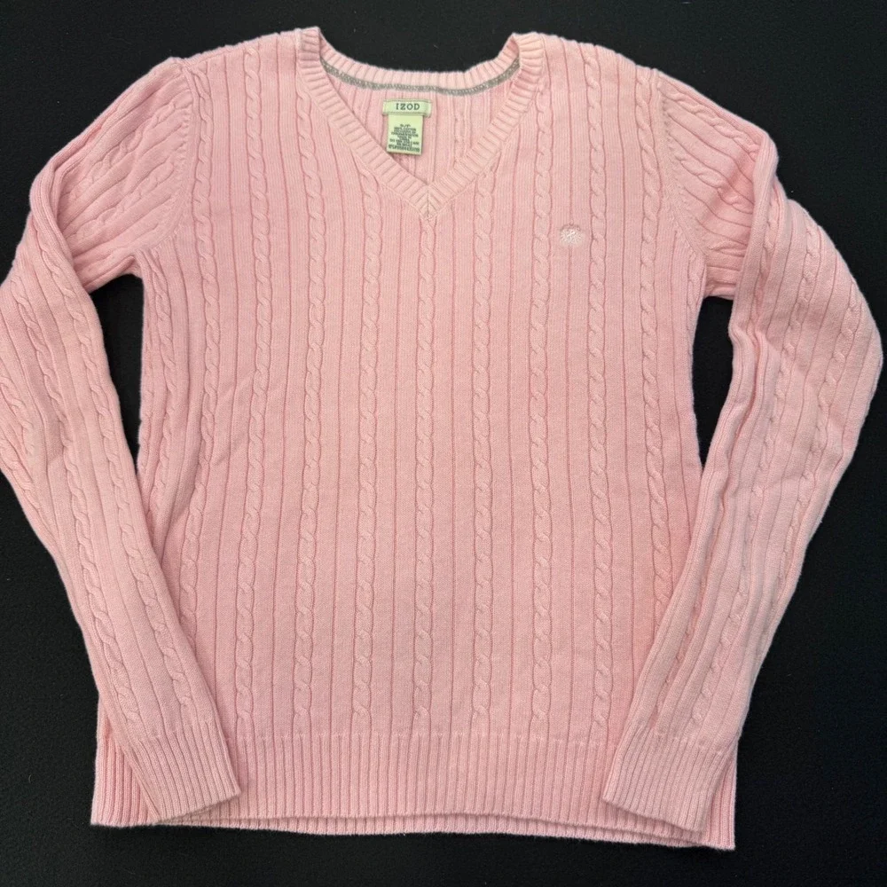 IZOD Womens Pink V-Neck Cable Knit 100% Cotton Sweater Size Small RN 36543